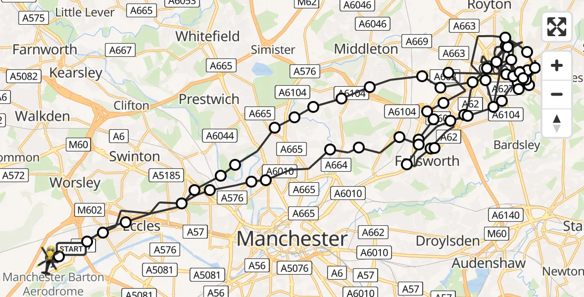 Flight route Police Helicopter Worsley - Manchester Barton Aerodrome, 01 July 2026, 22:03