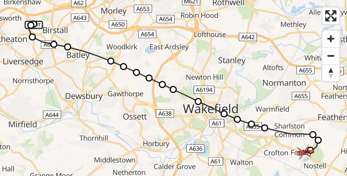 Flight route Air Ambulance Helicopter Gomersal - YAA Nostell Helicopter Port, 01 July 2026, 22:24