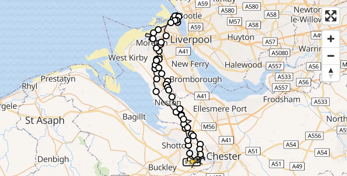 Flight route Police Helicopter Hawarden Airport - Hawarden Airport, 01 July 2026, 22:32
