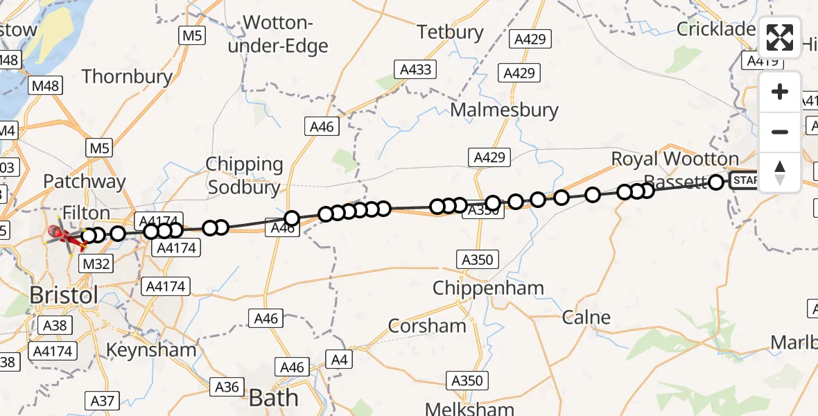 Flight route Air Ambulance Helicopter Wroughton - Bristol, 01 July 2026, 22:39