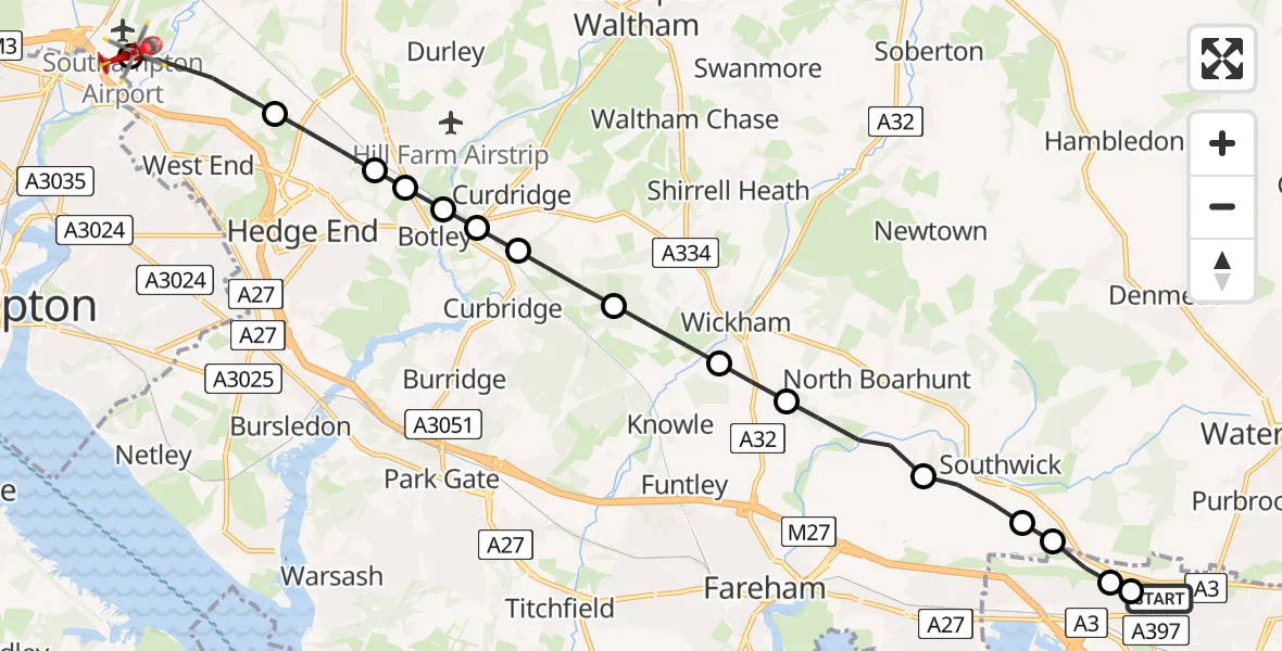 Flight route Air Ambulance Helicopter Queen Alexandra Hospital - Southampton Airport, 01 July 2026, 22:53
