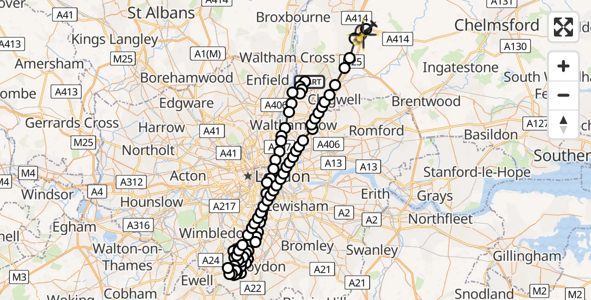 Flight route Police Helicopter Metropolitan Police Air Support Unit Lippitts Hill - North Weald Airfield, 01 July 2026, 22:55