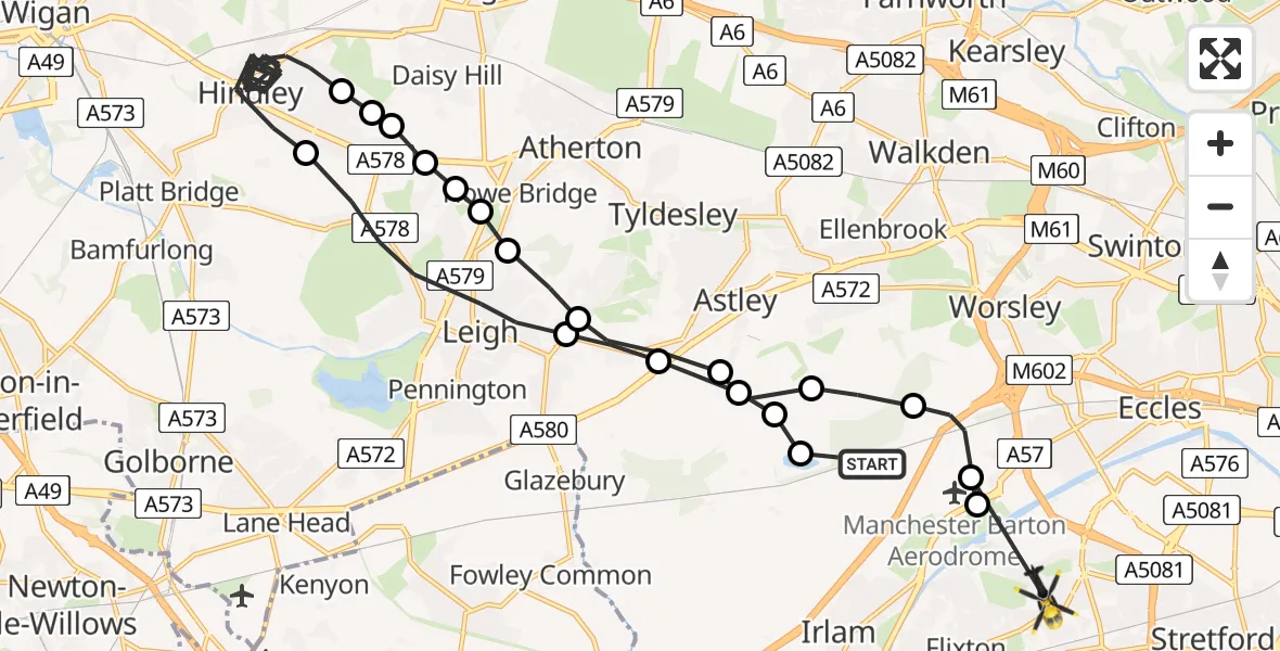Flight route Police Helicopter Worsley - Urmston, 01 July 2026, 23:01