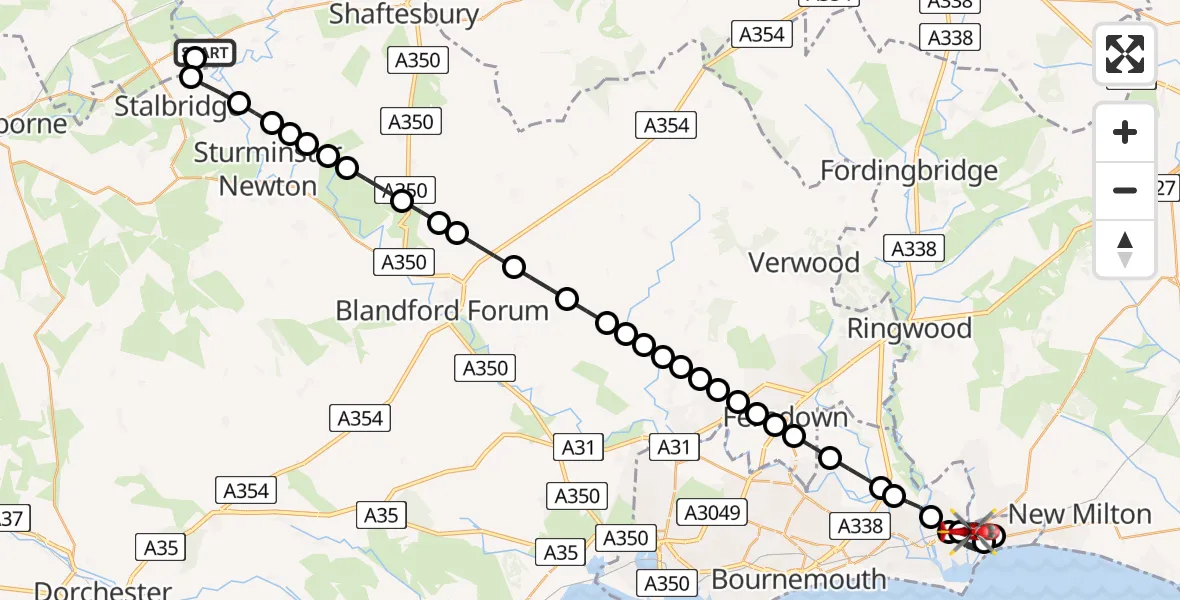 Flight route Air Ambulance Helicopter Henstridge Airfield - Highcliffe-on-Sea, 01 July 2026, 23:04