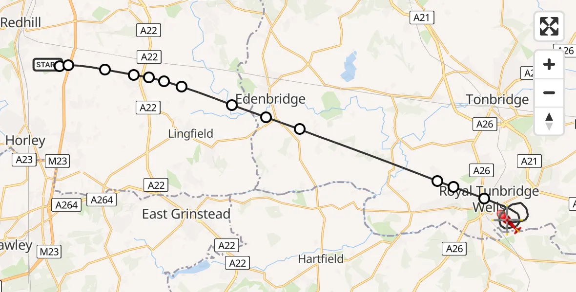 Flight route Air Ambulance Helicopter Redhill Aerodrome - Royal Tunbridge Wells, 01 July 2026, 23:23