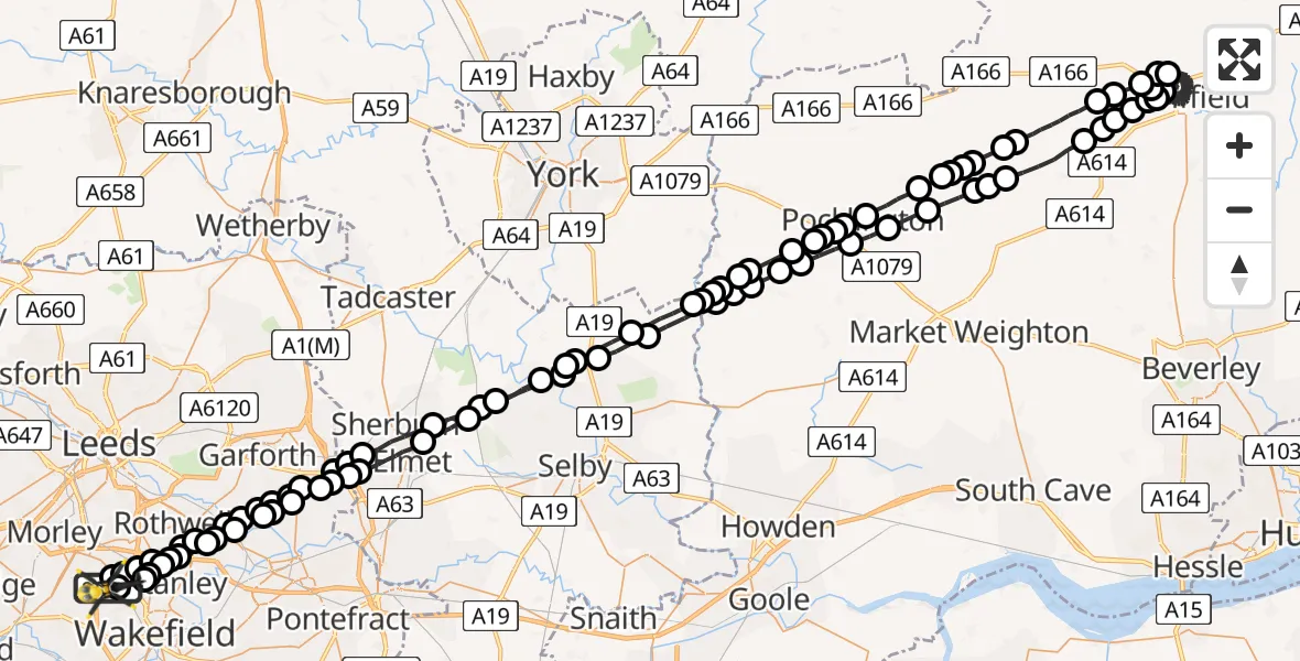Flight route Police Helicopter East Ardsley - East Ardsley, 01 July 2026, 23:37