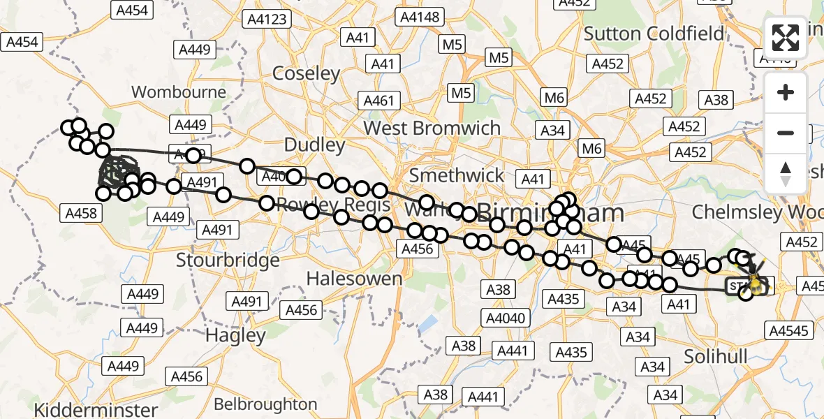 Flight route Police Helicopter Birmingham Airport - Birmingham Airport, 01 July 2026, 23:46