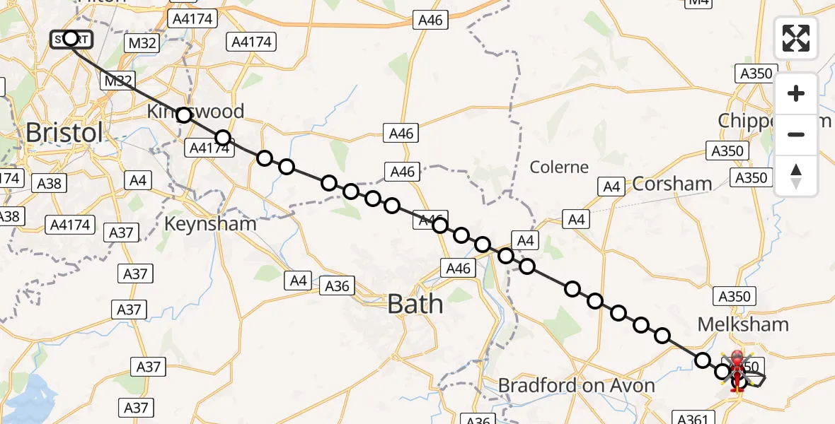 Flight route Air Ambulance Helicopter Southmead Hospital - Wiltshire Air Ambulance, 01 July 2026, 23:53