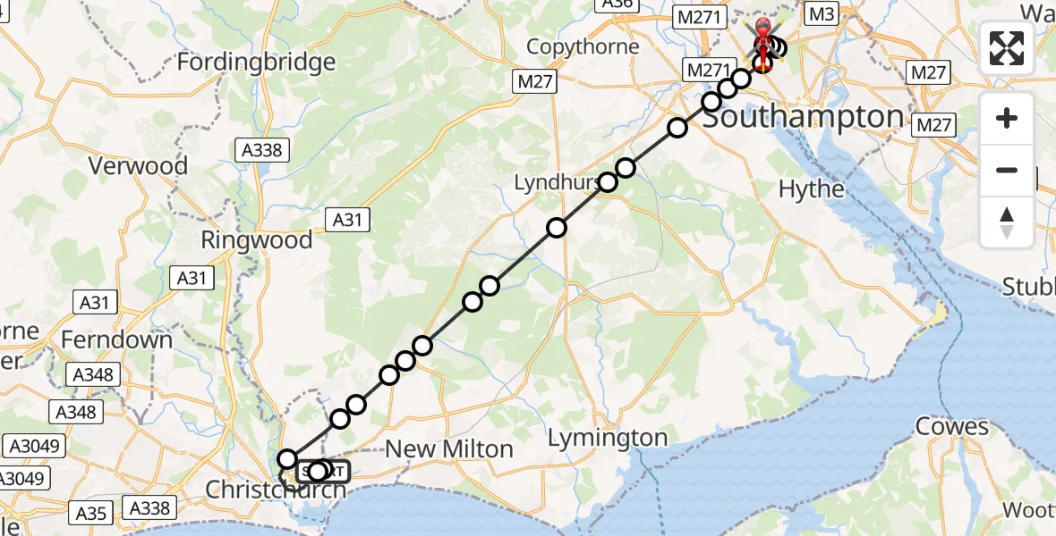 Flight route Air Ambulance Helicopter Christchurch - University Hospital Southampton, 02 July 2026, 00:10