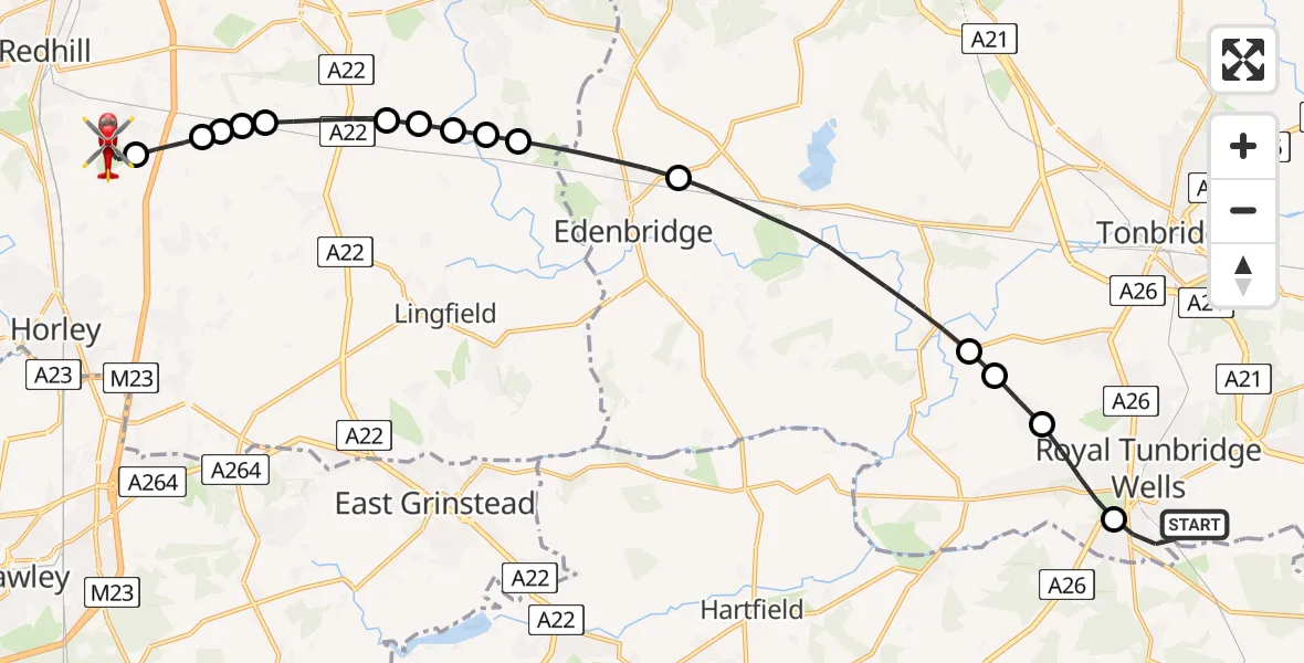 Flight route Air Ambulance Helicopter Royal Tunbridge Wells - Redhill Aerodrome, 02 July 2026, 00:34