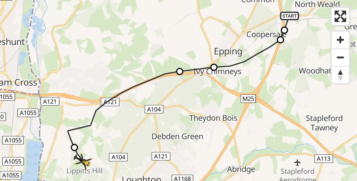 Flight route Police Helicopter North Weald Airfield - Metropolitan Police Air Support Unit Lippitts Hill, 02 July 2026, 01:03
