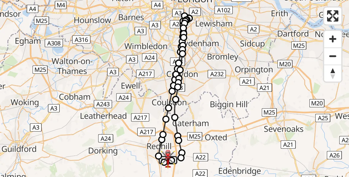 Flight route Air Ambulance Helicopter Redhill Aerodrome - Redhill Aerodrome, 02 July 2026, 01:30