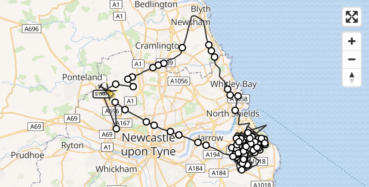 Flight route Police Helicopter Newcastle International Airport - Newcastle International Airport, 02 July 2026, 02:20