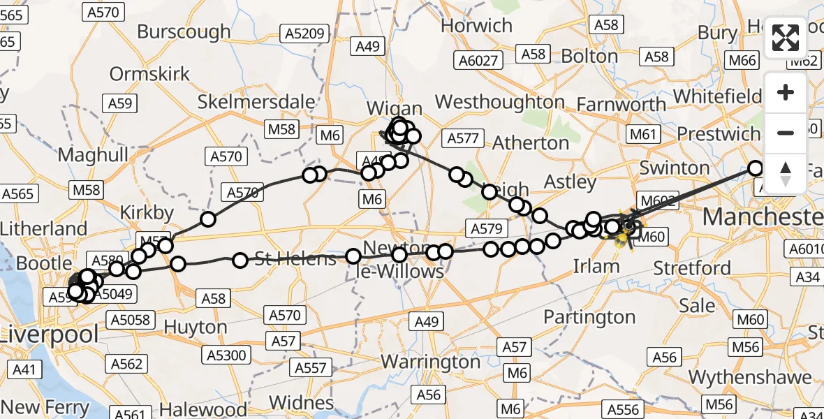 Flight route Police Helicopter Manchester Barton Aerodrome - Manchester Barton Aerodrome, 02 July 2026, 02:45