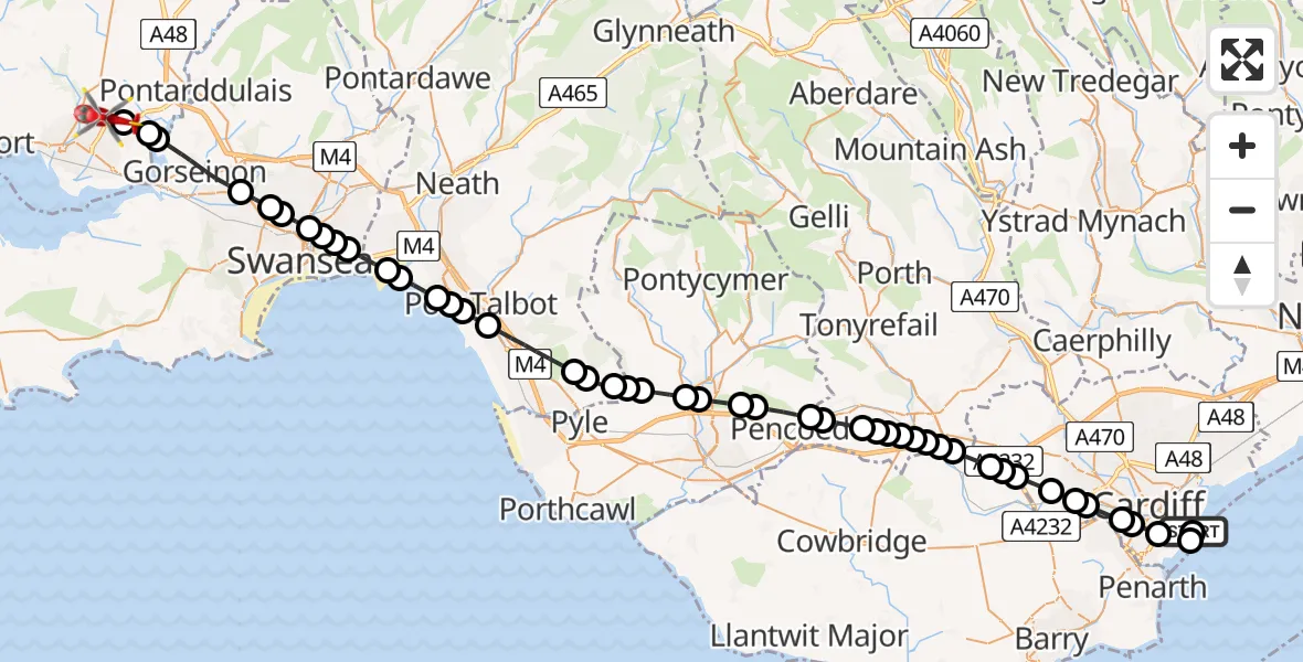 Flight route Air Ambulance Helicopter Cardiff Heliport - Dafen, 02 July 2026, 06:32