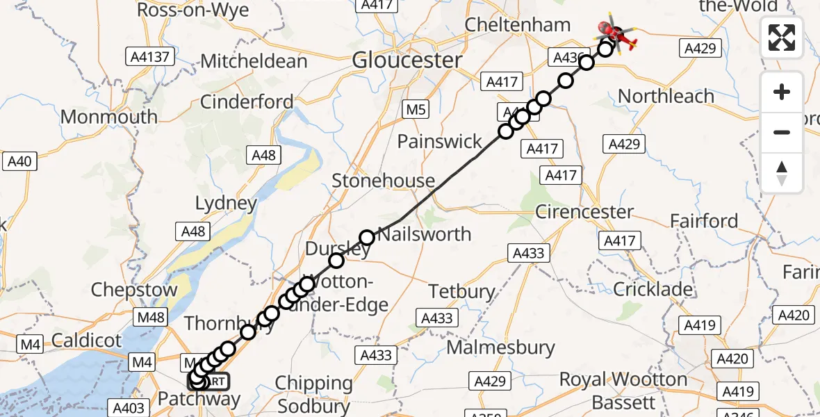 Flight route Air Ambulance Helicopter Almondsbury Helicopter Base - Tewkesbury, 02 July 2026, 06:43