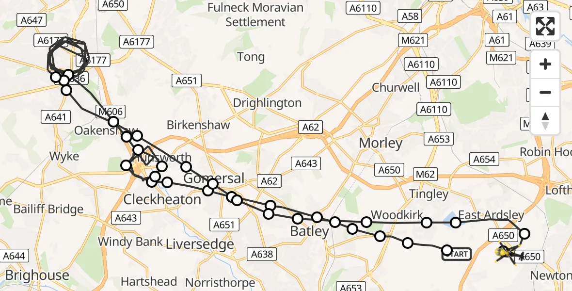 Flight route Police Helicopter East Ardsley - Wrenthorpe, 02 July 2026, 07:41