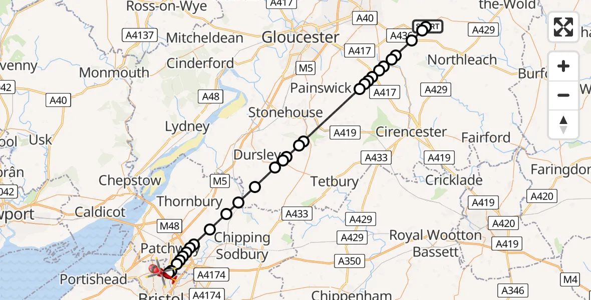 Flight route Air Ambulance Helicopter Sevenhampton - Bristol, 02 July 2026, 07:49