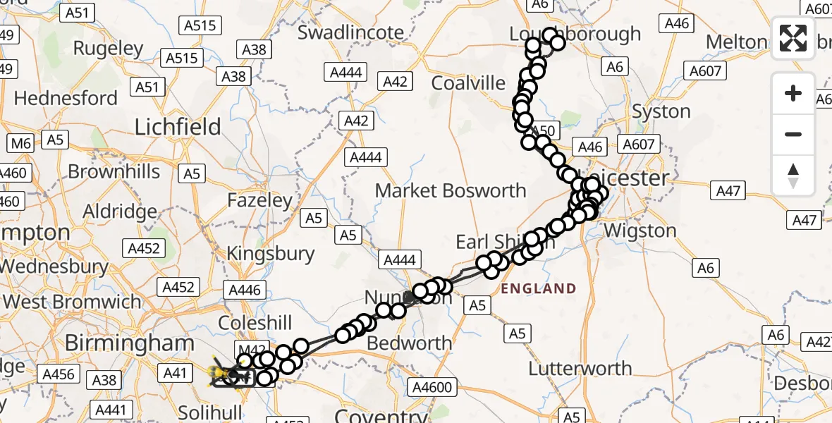Flight route Police Helicopter Birmingham Airport - Birmingham Airport, 02 July 2026, 08:08