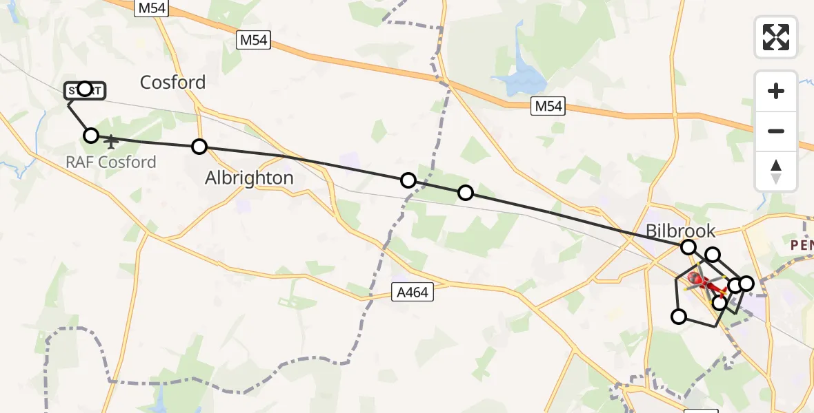 Flight route Air Ambulance Helicopter RAF Cosford - Pendeford, 02 July 2026, 08:38