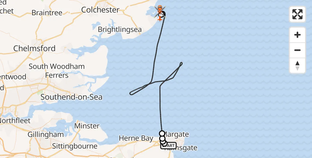 Flight route Coastguard Helicopter Manston Airport - Walton-on-the-Naze, 02 July 2026, 08:39