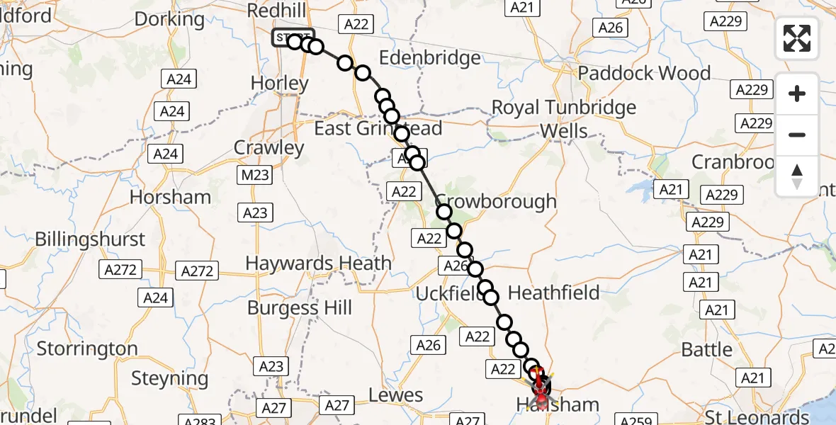 Flight route Air Ambulance Helicopter Redhill Aerodrome - Horsebridge, 02 July 2026, 08:40