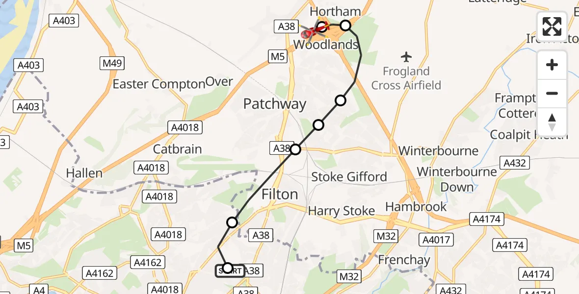 Flight route Air Ambulance Helicopter Southmead Hospital - Almondsbury Helicopter Base, 02 July 2026, 09:07