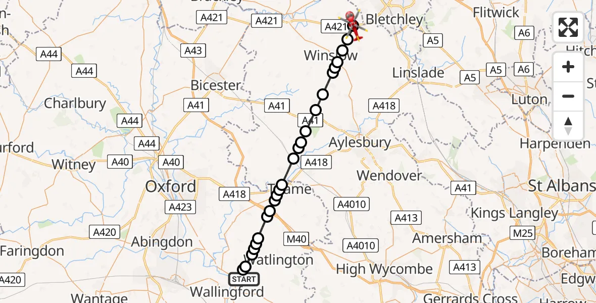 Flight route Air Ambulance Helicopter RAF Benson - Whaddon, 02 July 2026, 09:09