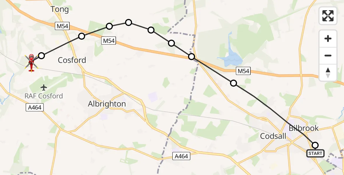 Flight route Air Ambulance Helicopter Bilbrook - Cosford, 02 July 2026, 09:18