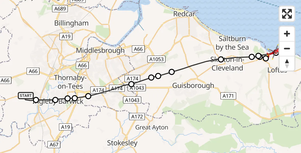 Flight route Air Ambulance Helicopter Egglescliffe - Loftus, 02 July 2026, 09:25