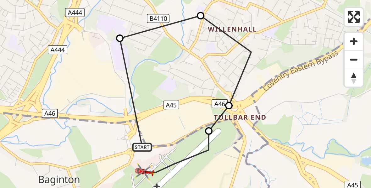 Flight route Air Ambulance Helicopter Coventry Airport - Coventry Airport, 02 July 2026, 09:28