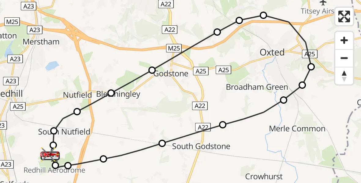 Flight route Air Ambulance Helicopter Redhill Aerodrome - Redhill Aerodrome, 02 July 2026, 09:41