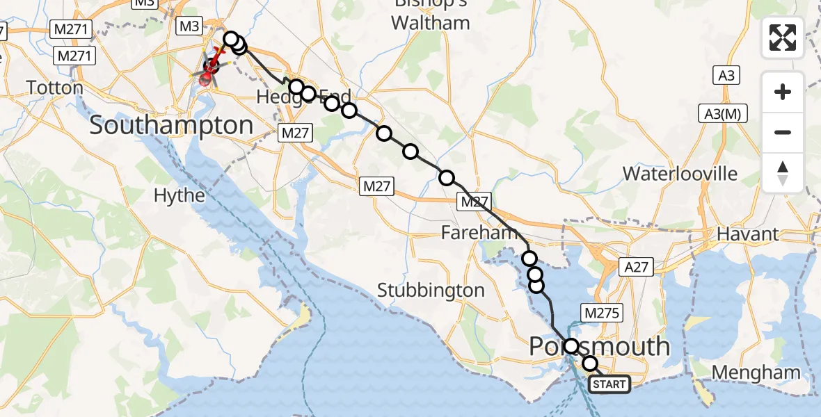 Flight route Air Ambulance Helicopter Southsea - Bitterne Park, 02 July 2026, 09:43