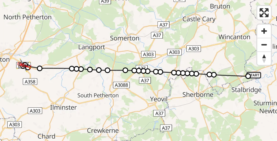 Flight route Air Ambulance Helicopter Henstridge Airfield - North Curry, 02 July 2026, 09:45