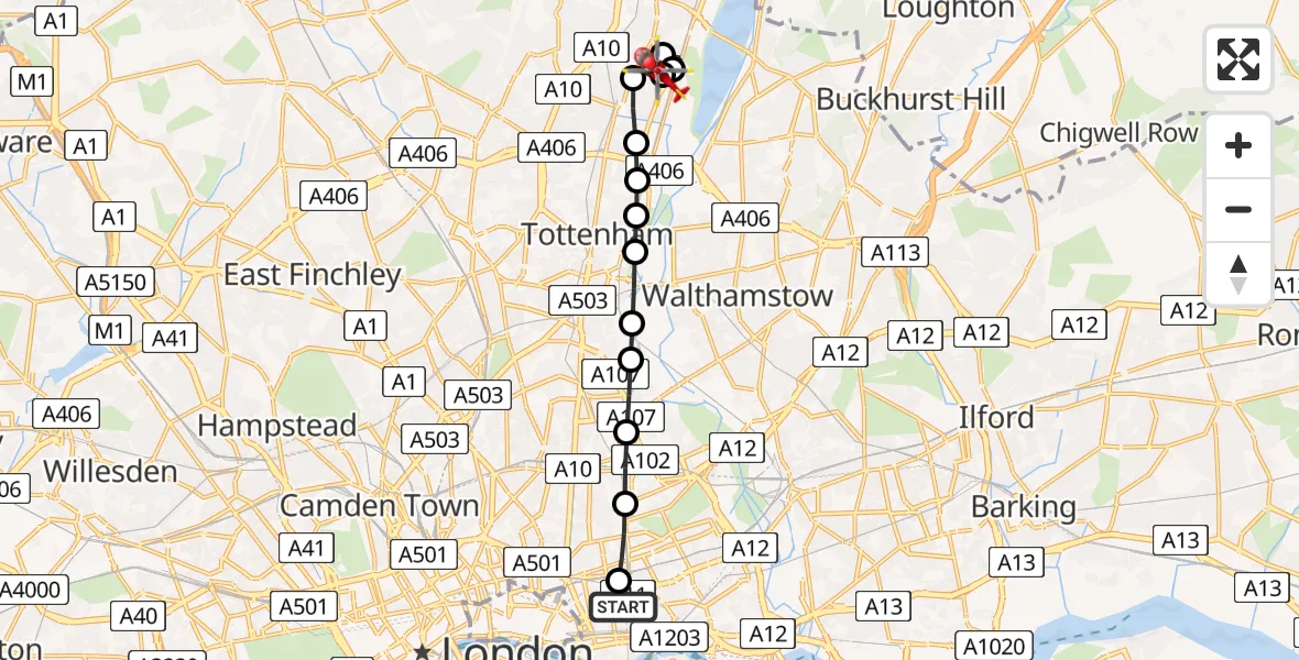 Flight route Air Ambulance Helicopter Royal London Hospital - Edmonton, 02 July 2026, 09:46