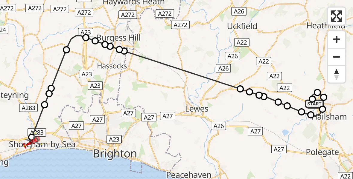 Flight route Air Ambulance Helicopter Horsebridge - Brighton City Airport, 02 July 2026, 09:58