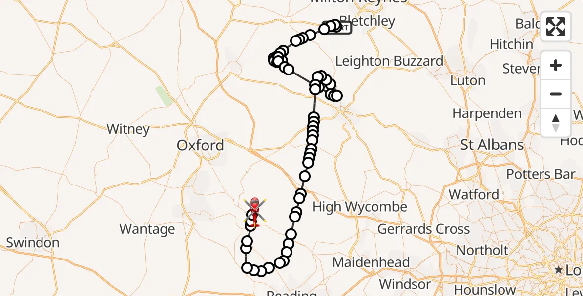 Flight route Air Ambulance Helicopter Little Horwood - RAF Benson, 02 July 2026, 10:02