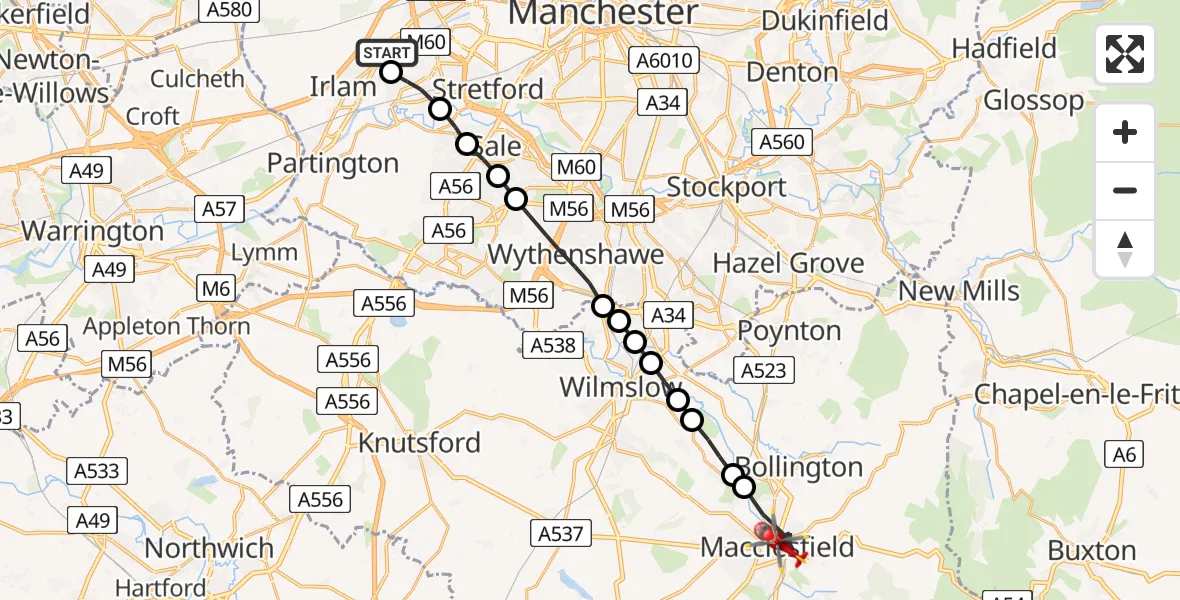 Flight route Air Ambulance Helicopter Manchester Barton Aerodrome - Macclesfield, 02 July 2026, 10:12