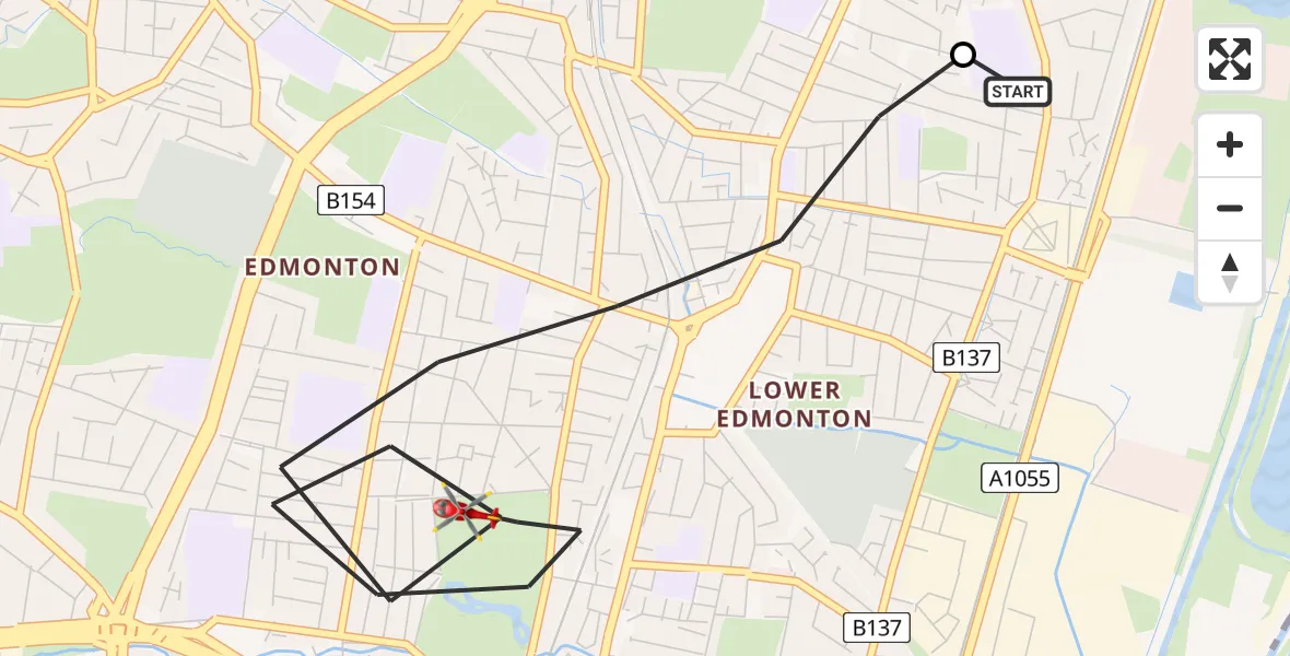 Flight route Air Ambulance Helicopter Ponders End - Edmonton, 02 July 2026, 10:39