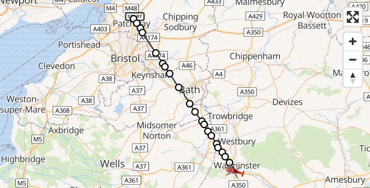 Flight route Air Ambulance Helicopter Almondsbury Helicopter Base - Warminster, 02 July 2026, 10:43
