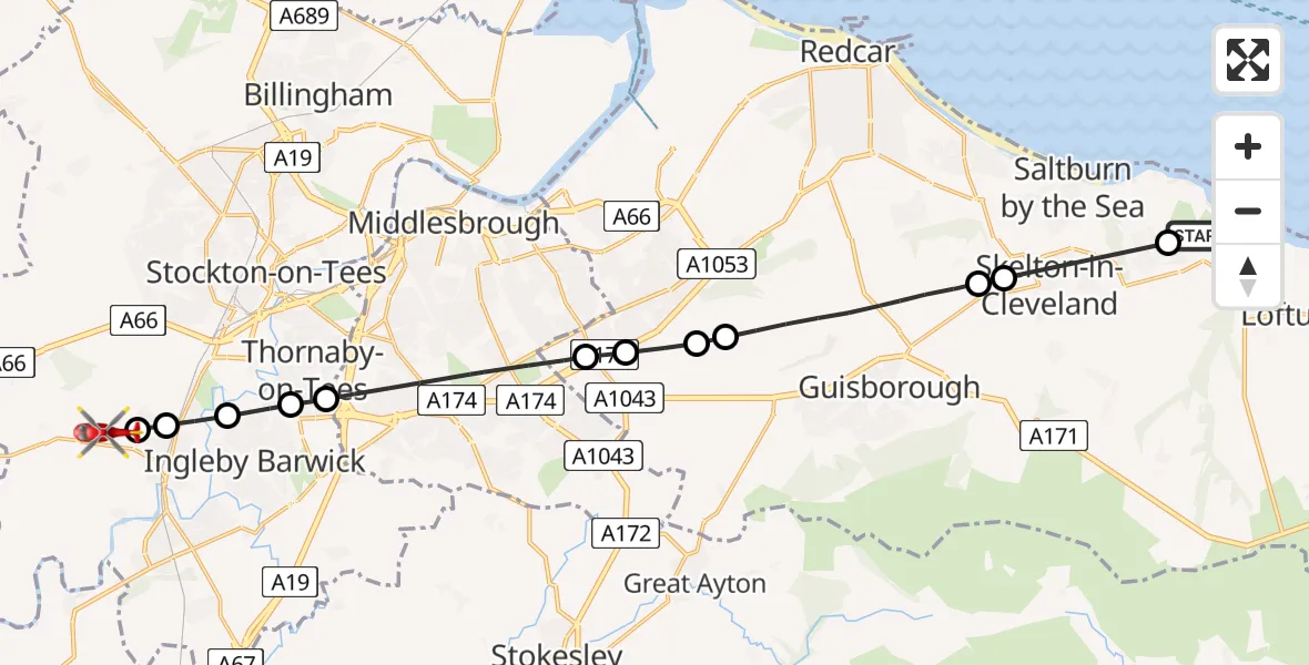Flight route Air Ambulance Helicopter Skinningrove - Egglescliffe, 02 July 2026, 10:44