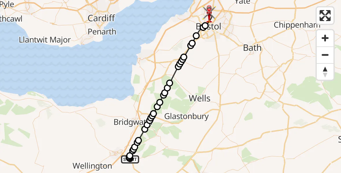 Flight route Air Ambulance Helicopter Thornfalcon - Bristol, 02 July 2026, 10:52
