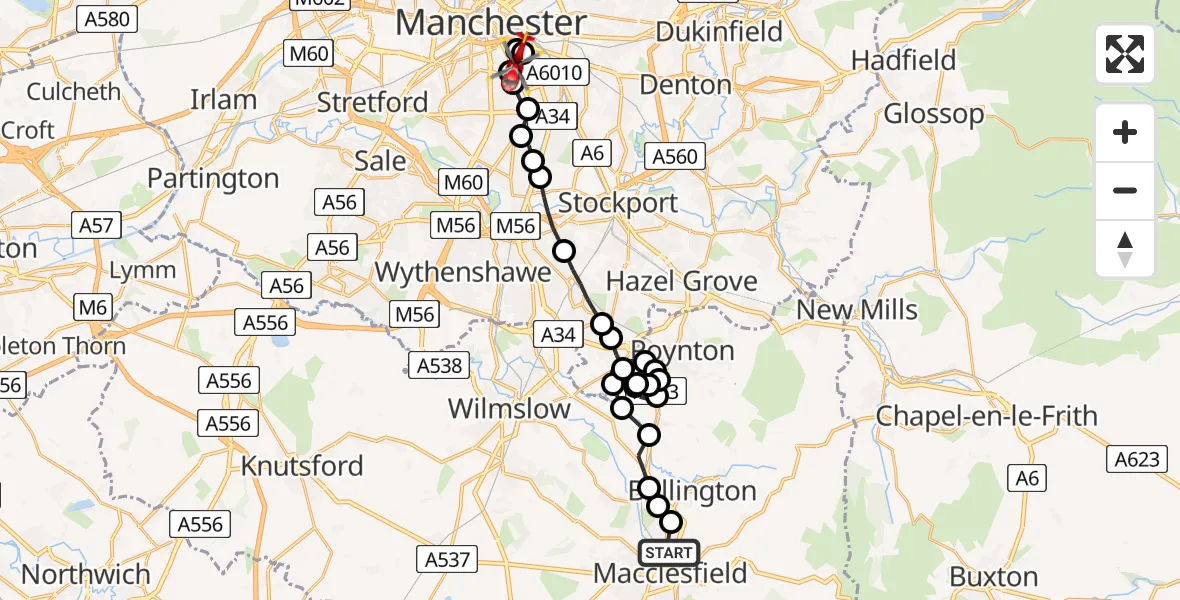 Flight route Air Ambulance Helicopter Macclesfield - Chorlton-on-Medlock, 02 July 2026, 11:02