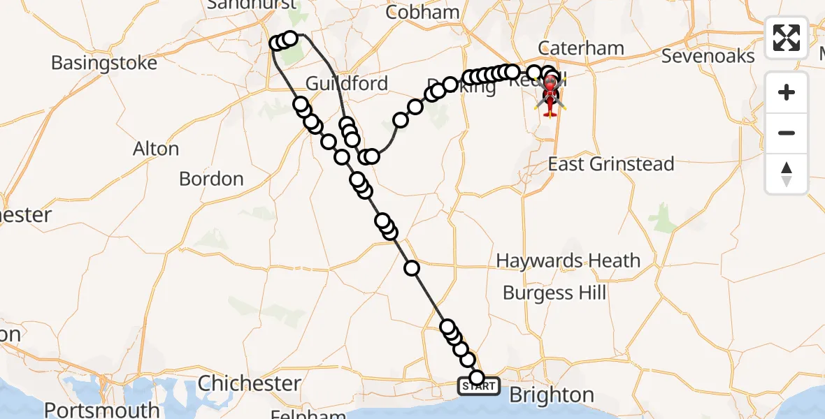 Flight route Air Ambulance Helicopter Brighton City Airport - Redhill Aerodrome, 02 July 2026, 11:13