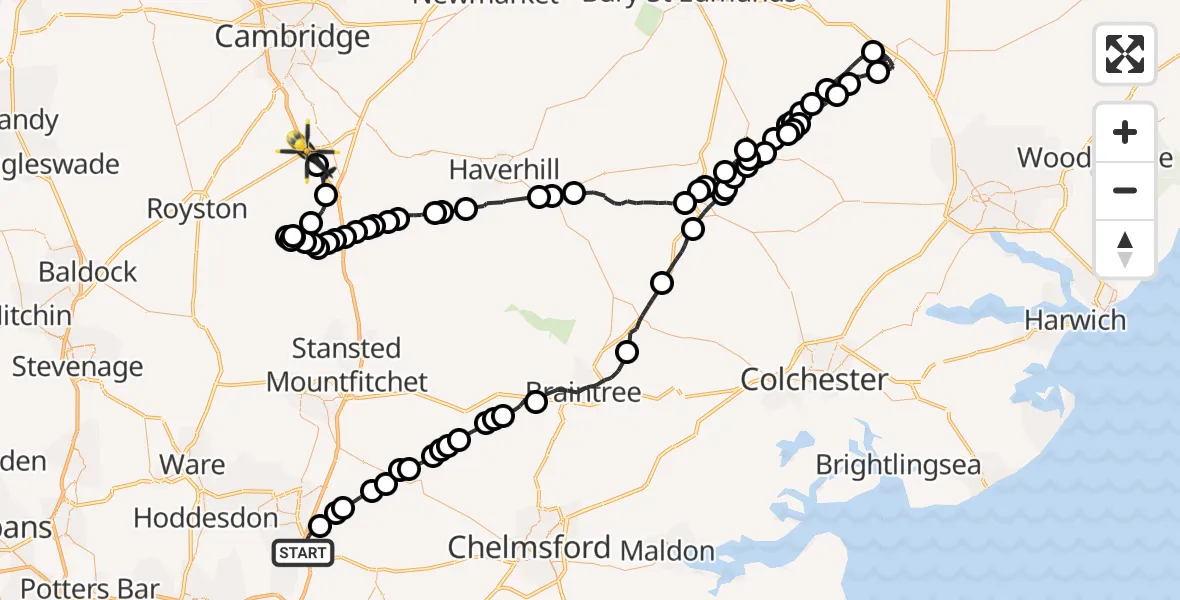 Flight route Police Helicopter North Weald Bassett - Duxford, 02 July 2026, 11:17