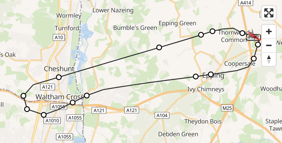 Flight route Air Ambulance Helicopter North Weald Airfield - North Weald Airfield, 02 July 2026, 11:17