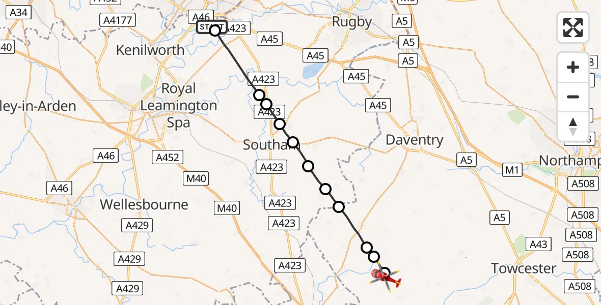 Flight route Air Ambulance Helicopter Coventry Airport - Culworth, 02 July 2026, 11:17