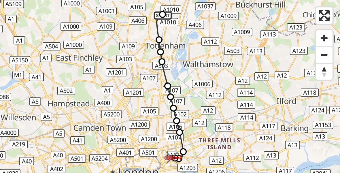 Flight route Air Ambulance Helicopter Edmonton - Royal London Hospital, 02 July 2026, 11:22