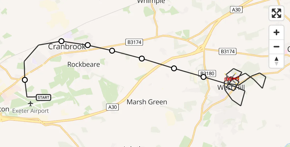 Flight route Air Ambulance Helicopter Exeter International Airport - West Hill, 02 July 2026, 11:23
