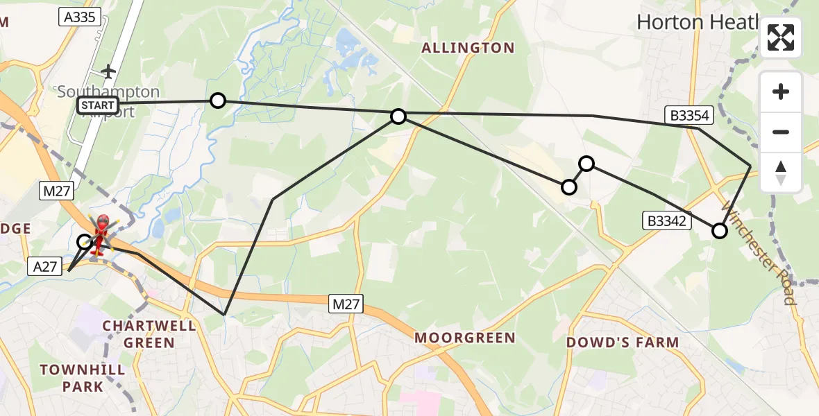 Flight route Air Ambulance Helicopter Southampton Airport - Mansbridge, 02 July 2026, 11:30